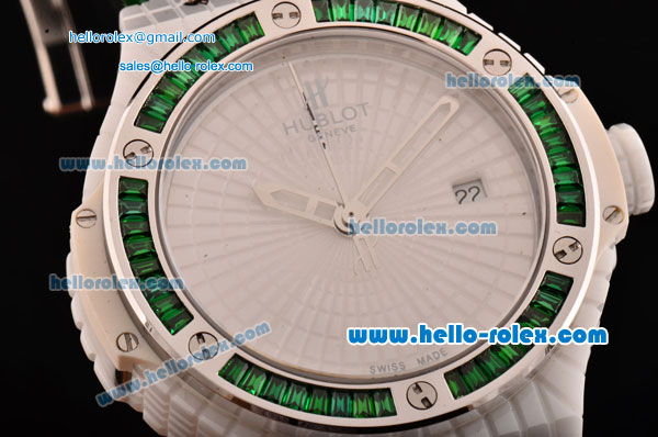 Hublot Big Bang Tutti Frutti Caviar Swiss ETA 2824 Automatic White Ceramic Case with Green Leather Strap and Diamond/Steel Bezel - 1:1 Original - Click Image to Close