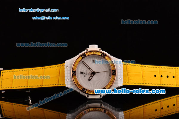 Hublot Big Bang Tutti Frutti Caviar Swiss ETA 2824 Automatic White Ceramic Case with Yellow Leather Strap and Diamond/Rose Gold Bezel - 1:1 Original - Click Image to Close