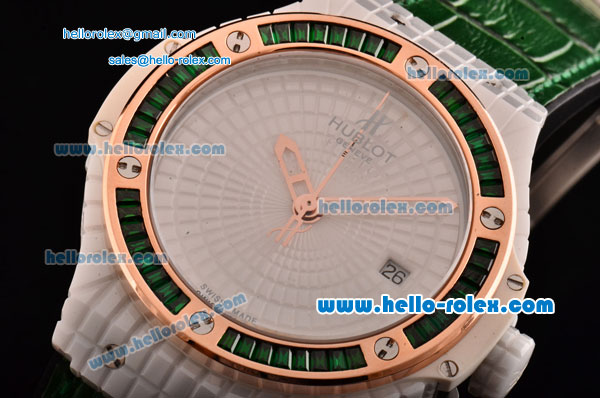 Hublot Big Bang Tutti Frutti Caviar Swiss ETA 2824 Automatic White Ceramic Case with Green Leather Strap and Diamond/Rose Gold Bezel - 1:1 Original - Click Image to Close