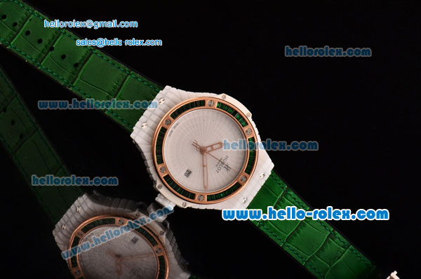 Hublot Big Bang Tutti Frutti Caviar Swiss ETA 2824 Automatic White Ceramic Case with Green Leather Strap and Diamond/Rose Gold Bezel - 1:1 Original - Click Image to Close