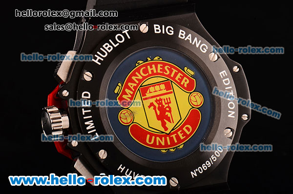 Hublot Big Bang Manchester United Swiss Valjoux 7750 Automatic Movement Full Ceramic Case with Black Dial and Red Stick Markers - Click Image to Close