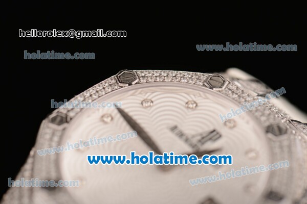 Audemars Piguet Royal Oak Ladies Swiss Quartz Steel/Diamond Case with White Leather Bracelet and White Dial - 1:1 Original - Click Image to Close