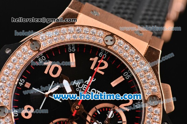 Hublot Big Bang Swiss Valjoux 7750 Automatic Movement Rose Gold Case with Diamond Bezel-Black Dial and Black Rubber Strap - Click Image to Close