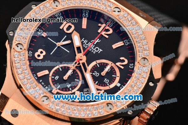 Hublot Big Bang Swiss Valjoux 7750 Automatic Movement Rose Gold Case with Diamond Bezel-Black Dial and Black Rubber Strap - Click Image to Close