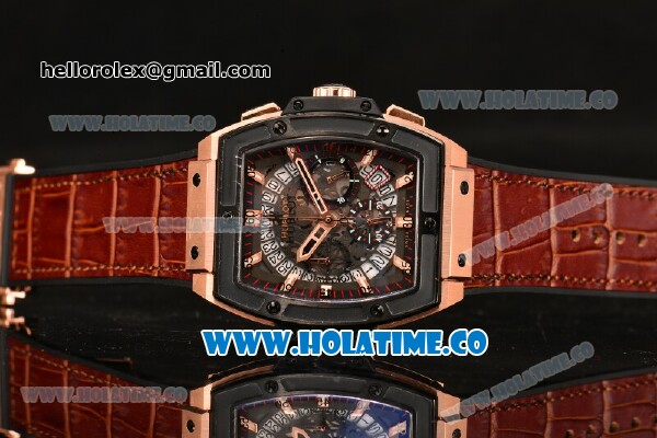 Hublot MP-06 Senna Chrono Miyota OS20 Quartz Rose Gold Case with Skeleton Dial PVD Bezel and Brown Leather Strap - Click Image to Close