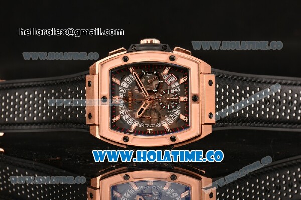 Hublot MP-06 Senna Chrono Miyota OS20 Quartz Rose Gold Case with Skeleton Dial Stick Markers and Black Leahter Strap - Click Image to Close