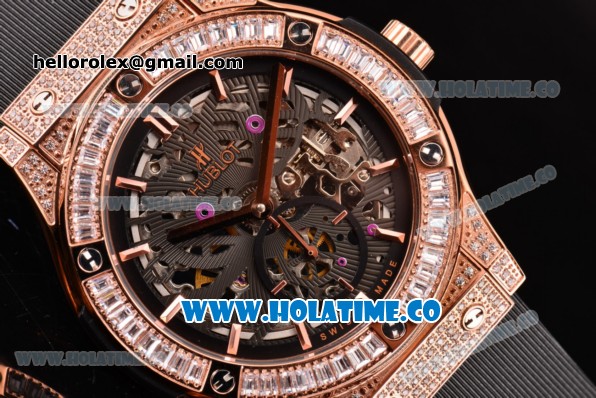 Hublot Classic Fusion Asia 6497 Manual Winding Diamonds/Rose Gold Case with Skeleton Dial Diamonds Bezel and Stick Markers - Click Image to Close