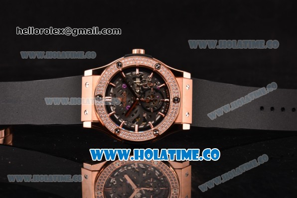 Hublot Classic Fusion Asia 6497 Manual Winding Rose Gold Case with Skeleton Dial Diamonds Bezel and Stick Markers - Click Image to Close