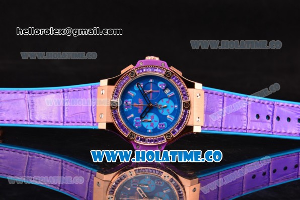 Hublot Big Bang Tutti Frutti 38MM Chrono Miyota OS20 Quartz Rose Gold Case with Blue Dial Stick/Numeral Markers and Purple Diamonds Bezel - Click Image to Close