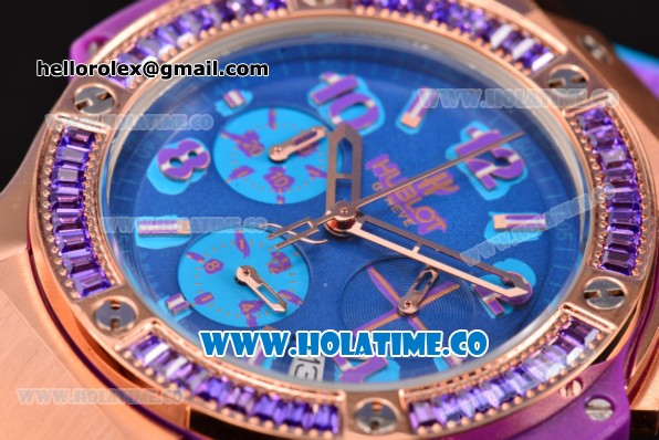 Hublot Big Bang Tutti Frutti 38MM Chrono Miyota OS20 Quartz Rose Gold Case with Blue Dial Stick/Numeral Markers and Purple Diamonds Bezel - Click Image to Close