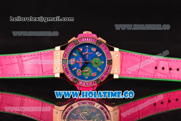 Hublot Big Bang Tutti Frutti 38MM Chrono Miyota OS20 Quartz Rose Gold Case with Blue Dial Stick/Numeral Markers and Pink Diamonds Bezel - Click Image to Close