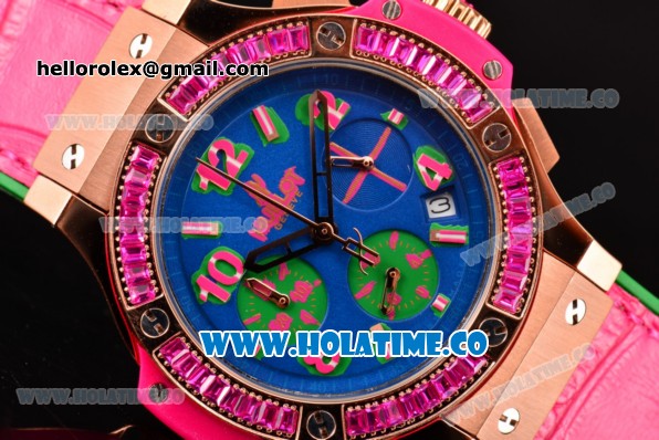 Hublot Big Bang Tutti Frutti 38MM Chrono Miyota OS20 Quartz Rose Gold Case with Blue Dial Stick/Numeral Markers and Pink Diamonds Bezel - Click Image to Close