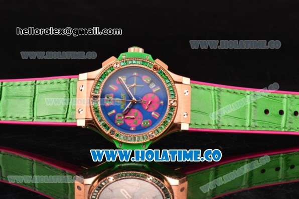Hublot Big Bang Tutti Frutti 38MM Chrono Miyota OS20 Quartz Rose Gold Case with Blue Dial Stick/Numeral Markers and Green Diamonds Bezel - Click Image to Close