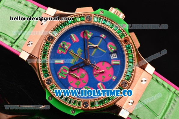 Hublot Big Bang Tutti Frutti 38MM Chrono Miyota OS20 Quartz Rose Gold Case with Blue Dial Stick/Numeral Markers and Green Diamonds Bezel - Click Image to Close