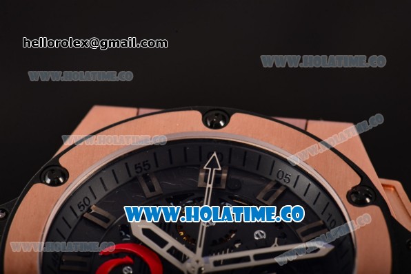 Hublot King Power Swiss Valjoux 7750 Automatic Rose Gold Case with Black Skeleton Dial and Black Rubber Strap (YR) - Click Image to Close