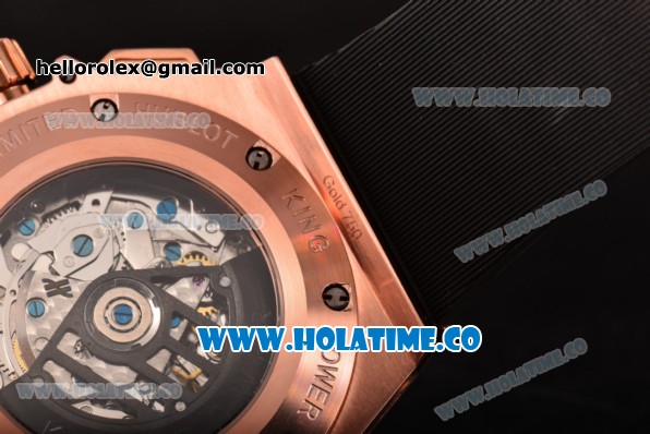 Hublot King Power Swiss Valjoux 7750 Automatic Rose Gold Case with Black Skeleton Dial and Black Rubber Strap (YR) - Click Image to Close