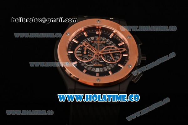 Hublot Classic Fusion Skeleton Chrono Miyota Quartz PVD Case with Skeleton Dial Rose Gold Bezel and Stick Markers - Click Image to Close
