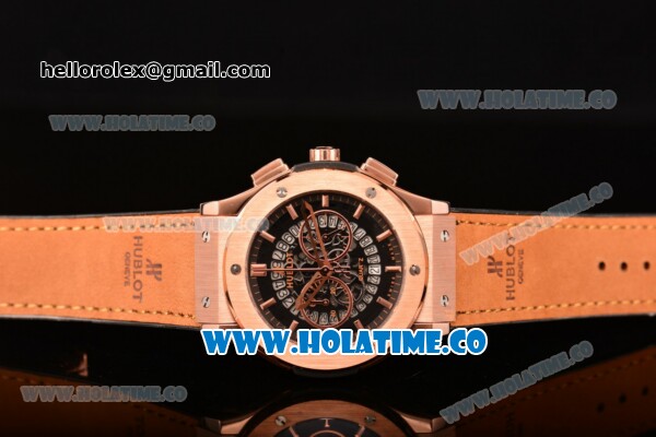 Hublot Clsssic Fusion Skeleton Chrono Miyota Quartz Rose Gold Case with Skeleton Dial Brown Leather Strap and Stick Markers - Click Image to Close