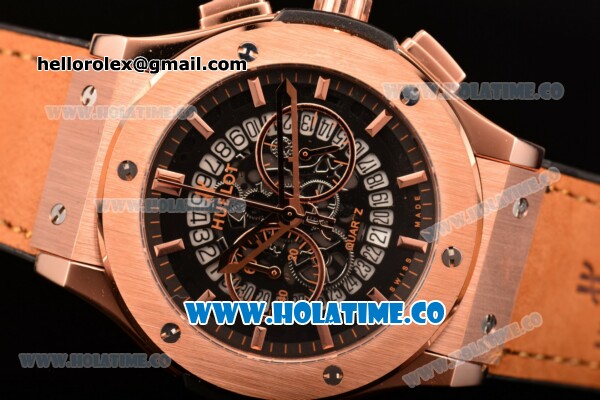 Hublot Clsssic Fusion Skeleton Chrono Miyota Quartz Rose Gold Case with Skeleton Dial Brown Leather Strap and Stick Markers - Click Image to Close