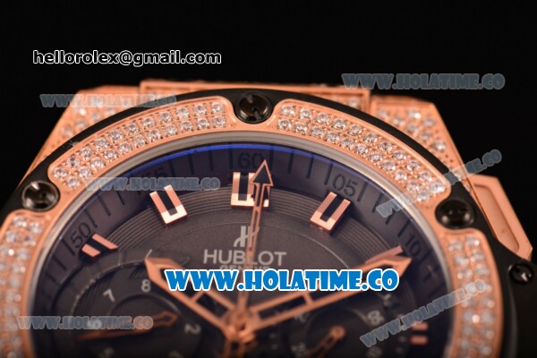 Hublot Big Bang Bezel Swiss Valjoux 7750 Automatic Rose Gold Case with Diamond Bezel and Black Dial-Black Rubber Strap - Click Image to Close