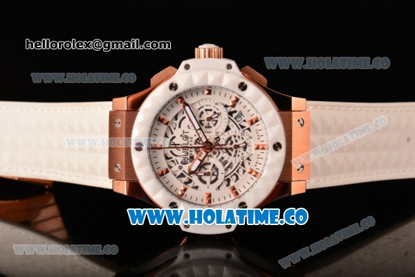 Hublot Big Bang Aero Bang Chrono Miyota Quartz Rose Gold Case with White Skeleton Dial Stick Markers and White Ceramic Bezel - Click Image to Close