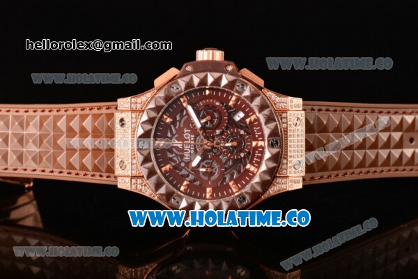 Hublot Big Bang Aero Bang Chrono Miyota Quartz Rose Gold/Diamonds Case with Brown Skeleton Dial Silver Markers and Brown Ceramic Bezel - Click Image to Close