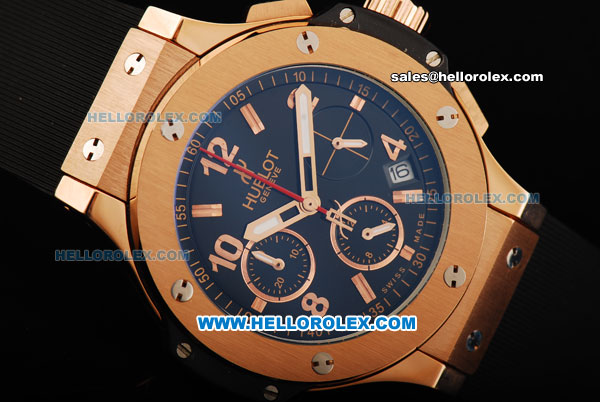 Hublot Big Bang Chronograph Miyota Quartz Movement Gold Case with Blue Dial and Black Rubber Strap - Lady Size - Click Image to Close