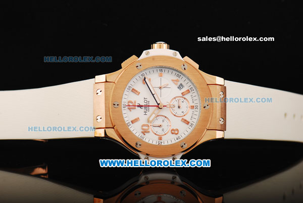 Hublot Big Bang Chronograph Miyota Quartz Movement Gold Case with White Dial Small Calendar and White Rubber Strap - Click Image to Close