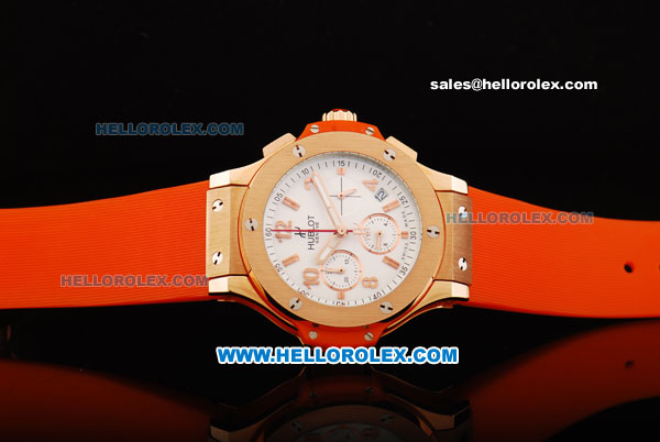 Hublot Big Bang Chronograph Miyota Quartz Movement Gold Case with White Dial and Rose Gold Arabic Numerals - Orange Rubber Strap - Click Image to Close