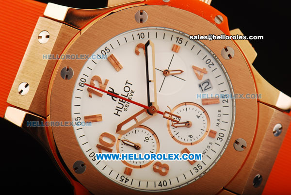 Hublot Big Bang Chronograph Miyota Quartz Movement Gold Case with White Dial and Rose Gold Arabic Numerals - Orange Rubber Strap - Click Image to Close