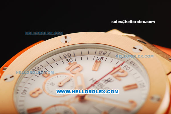 Hublot Big Bang Chronograph Miyota Quartz Movement Gold Case with White Dial and Rose Gold Arabic Numerals - Orange Rubber Strap - Click Image to Close