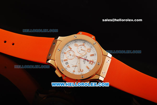 Hublot Big Bang Chronograph Miyota Quartz Movement Gold Case with White Dial and Rose Gold Arabic Numerals - Orange Rubber Strap - Click Image to Close