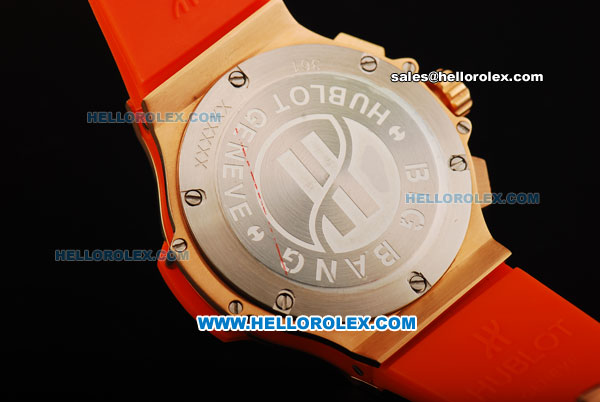 Hublot Big Bang Chronograph Miyota Quartz Movement Gold Case with White Dial and Rose Gold Arabic Numerals - Orange Rubber Strap - Click Image to Close