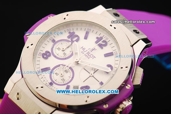 Hublot Big Bang Chronograph Miyota Quartz Movement Steel Case with Purple Markers and Purple Rubber Strap - Lady Model - Click Image to Close