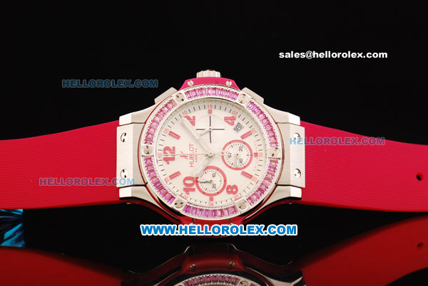 Hublot Big Bang Chronograph Miyota Quartz Movement White Dial with Red Markers and Diamond Bezel - Red Rubber Strap - Click Image to Close