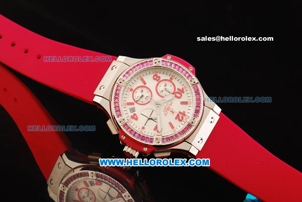 Hublot Big Bang Chronograph Miyota Quartz Movement White Dial with Red Markers and Diamond Bezel - Red Rubber Strap - Click Image to Close