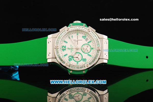 Hublot Big Bang Chronograph Miyota Quartz Movement White Dial with Green Markers and Diamond Bezel - Green Rubber Strap - Click Image to Close