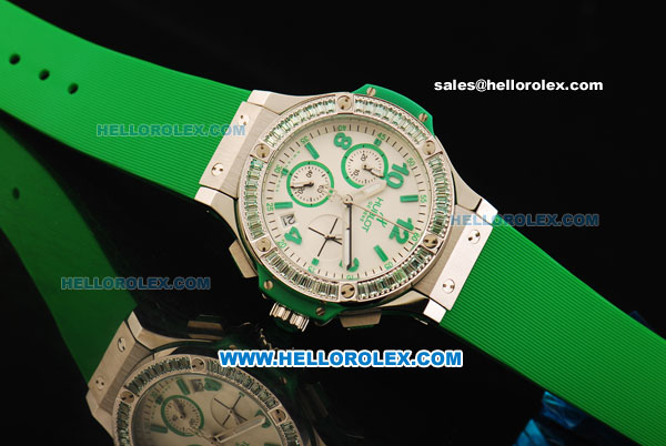 Hublot Big Bang Chronograph Miyota Quartz Movement White Dial with Green Markers and Diamond Bezel - Green Rubber Strap - Click Image to Close