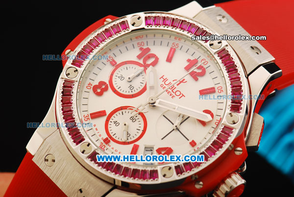 Hublot Big Bang Chronograph Miyota Quartz Movement White Dial with Red Markers and Pink Diamond Bezel - Red Rubber Strap - Click Image to Close