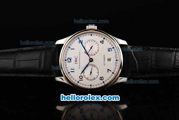 IWC Portuguese Swiss Valjoux 7750 Automatic Movement Steel Case with White Dial and Blue Numeral Markers-Black Leather Strap-Small Calendar-Power Reserve - Click Image to Close