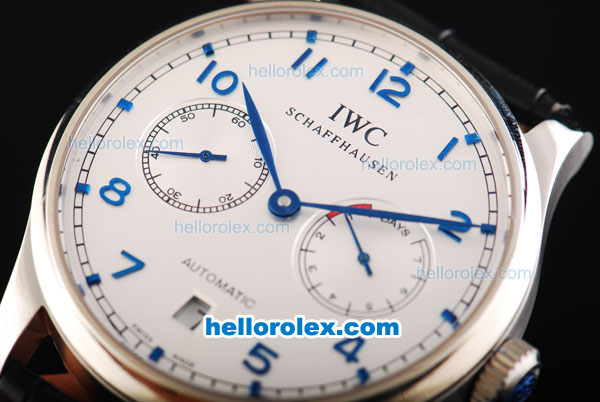 IWC Portuguese Swiss Valjoux 7750 Automatic Movement Steel Case with White Dial and Blue Numeral Markers-Black Leather Strap-Small Calendar-Power Reserve - Click Image to Close