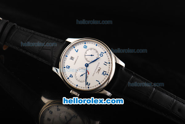 IWC Portuguese Swiss Valjoux 7750 Automatic Movement Steel Case with White Dial and Blue Numeral Markers-Black Leather Strap-Small Calendar-Power Reserve - Click Image to Close
