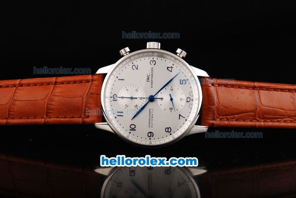 IWC Portuguese Swiss Valjoux 7750 Automatic Movement Steel Case with Silver Dial and Blue Numeral Markers-Brown Leather Strap - Click Image to Close