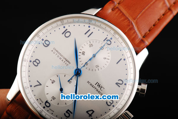 IWC Portuguese Swiss Valjoux 7750 Automatic Movement Steel Case with Silver Dial and Blue Numeral Markers-Brown Leather Strap - Click Image to Close