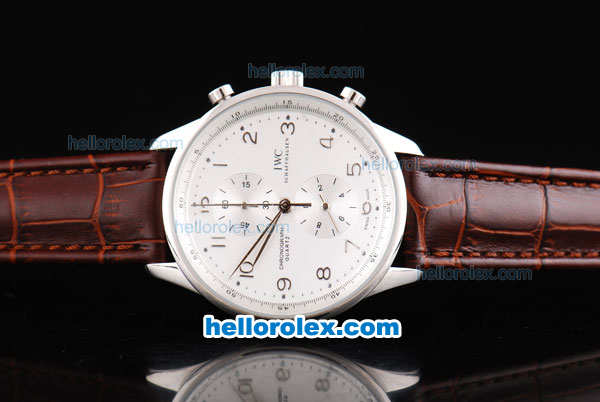 IWC Portugieser Chronograph Quartz Movement Silver Case with Number Markers-White Dial and Brown Leather Strap - Click Image to Close