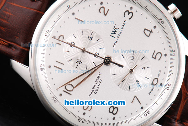 IWC Portugieser Chronograph Quartz Movement Silver Case with Number Markers-White Dial and Brown Leather Strap - Click Image to Close