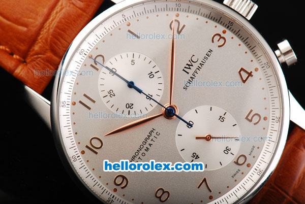 IWC Portuguese Swiss Valjoux 7750 Automatic Movement Steel Case with Silver Dial-RG Numeral Markers and Brown Leather Strap - Click Image to Close