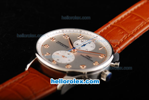 IWC Portuguese Swiss Valjoux 7750 Automatic Movement Steel Case with Silver Dial-RG Numeral Markers and Brown Leather Strap - Click Image to Close