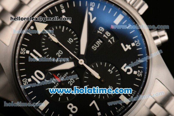 IWC Pilot Chrono Swiss Valjoux 7750 Automatic Steel Case with White Arabic Numeral Markers and Black Dial - Click Image to Close