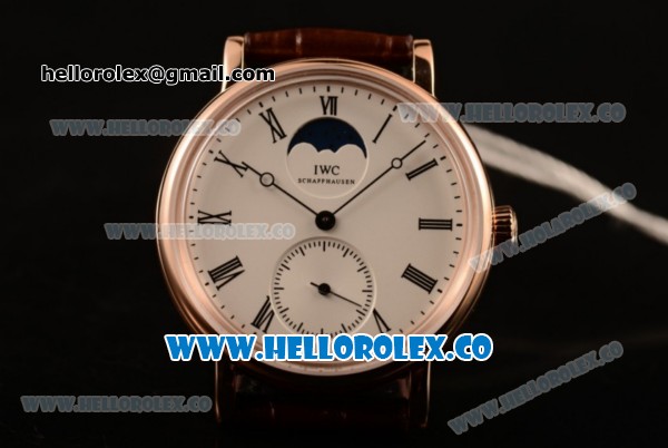 IWC Portofino Vintage Moonphase Asia 6497 Manual Winding Rose Gold Case with White Dial and Brown Leather Strap - (AAAF) - Click Image to Close
